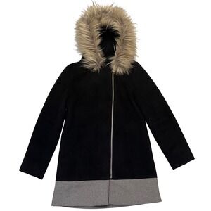 Design Lab Black Wool Blend Faux Fur Trim Hooded Coat Girl's Size XL (14/16)